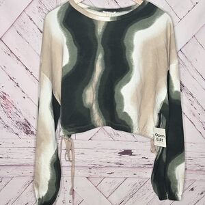 Open Edit Green Multi Color Tie-dyed Cropped Sweatshirt